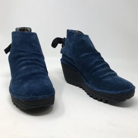 Fly London Yebi Blue Suede Leather Slouch Tie Booties wedge Ankle boots Sz. 39 - Picture 2 of 11